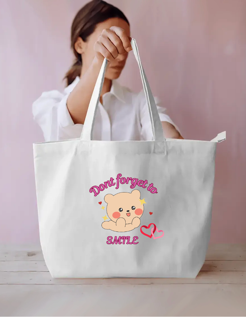 Cute Kawaii Bear "Don't Forget to Smile" Tote Bag Everyday Large Tote Bag by SeJaa_Studio
