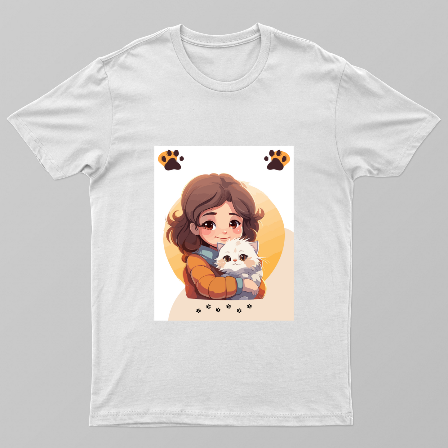 Cute Girl Hugging a Fluffy White Cat – Kawaii Cat Lover Illustration Unisex T-shirt by Rohini Gudivaka