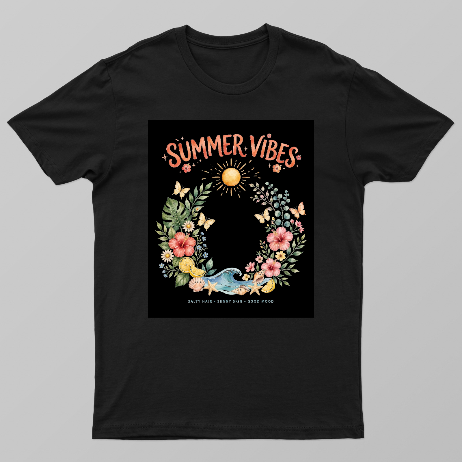Summer Vibes Tropical Floral T-Shirt Design - Boho Beach PNG Unisex T-shirt by VIMAL R