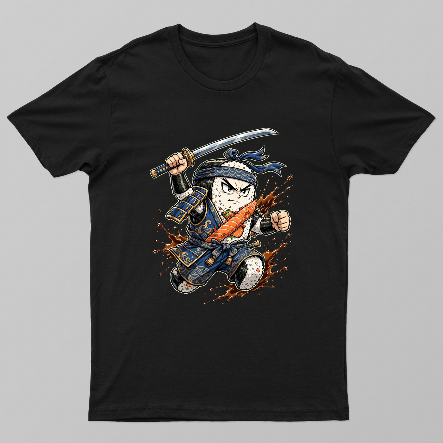 Samurai Sushi Roll — Katana + Soy Sauce Splash Unisex T-shirt by VIMAL R