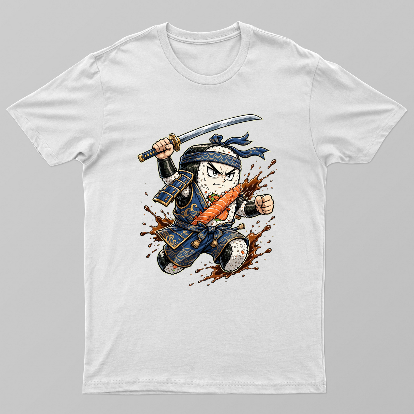 Samurai Sushi Roll — Katana + Soy Sauce Splash Unisex T-shirt by VIMAL R