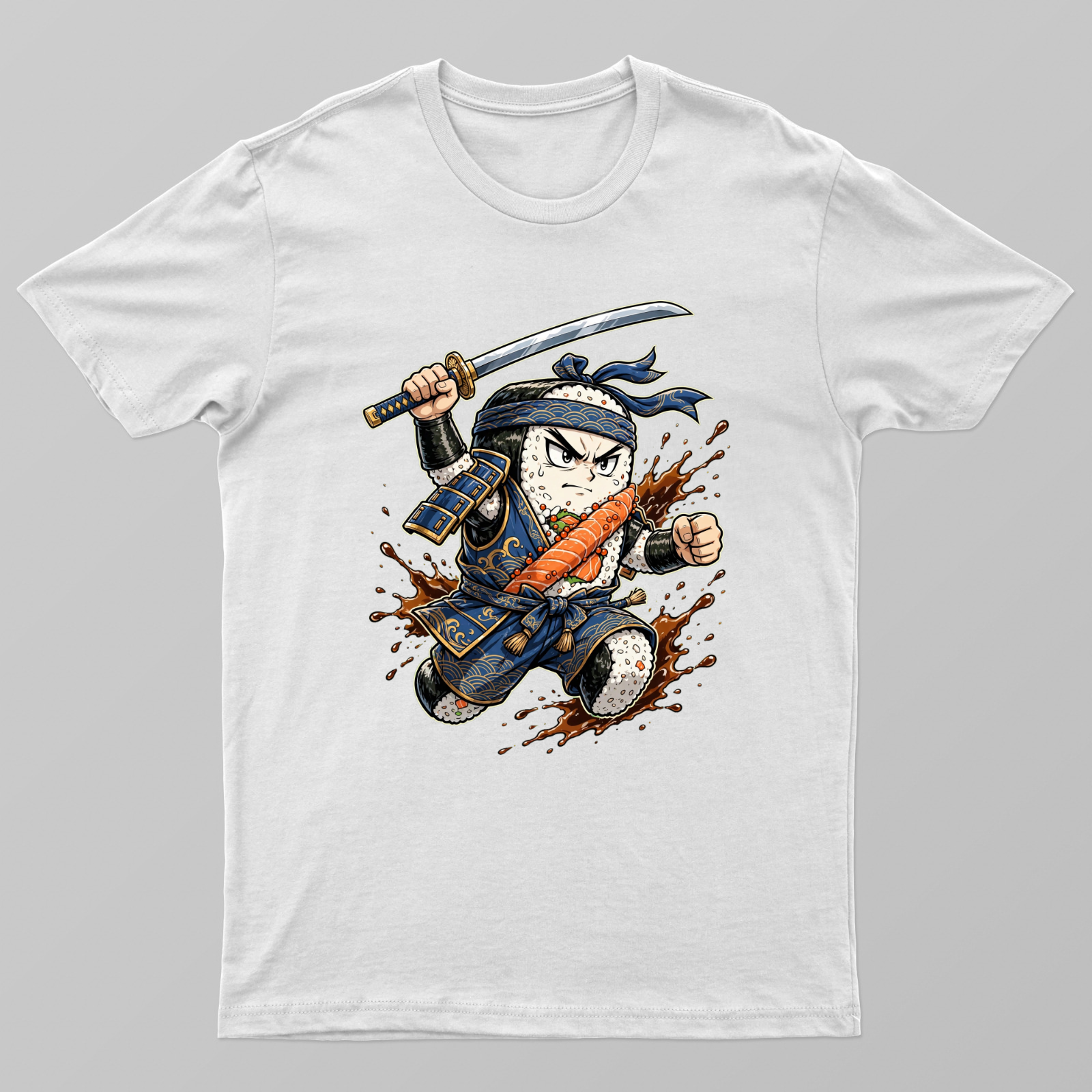 Samurai Sushi Roll — Katana + Soy Sauce Splash Unisex T-shirt by VIMAL R