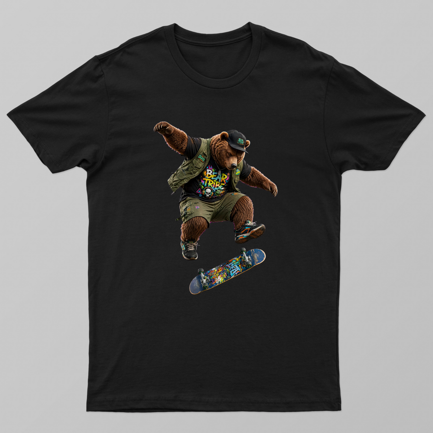 Skate Bear Tribe — bear doing kickflip, "BEAR TRIBE" graffiti skateboard Unisex T-shirt by VIMAL R