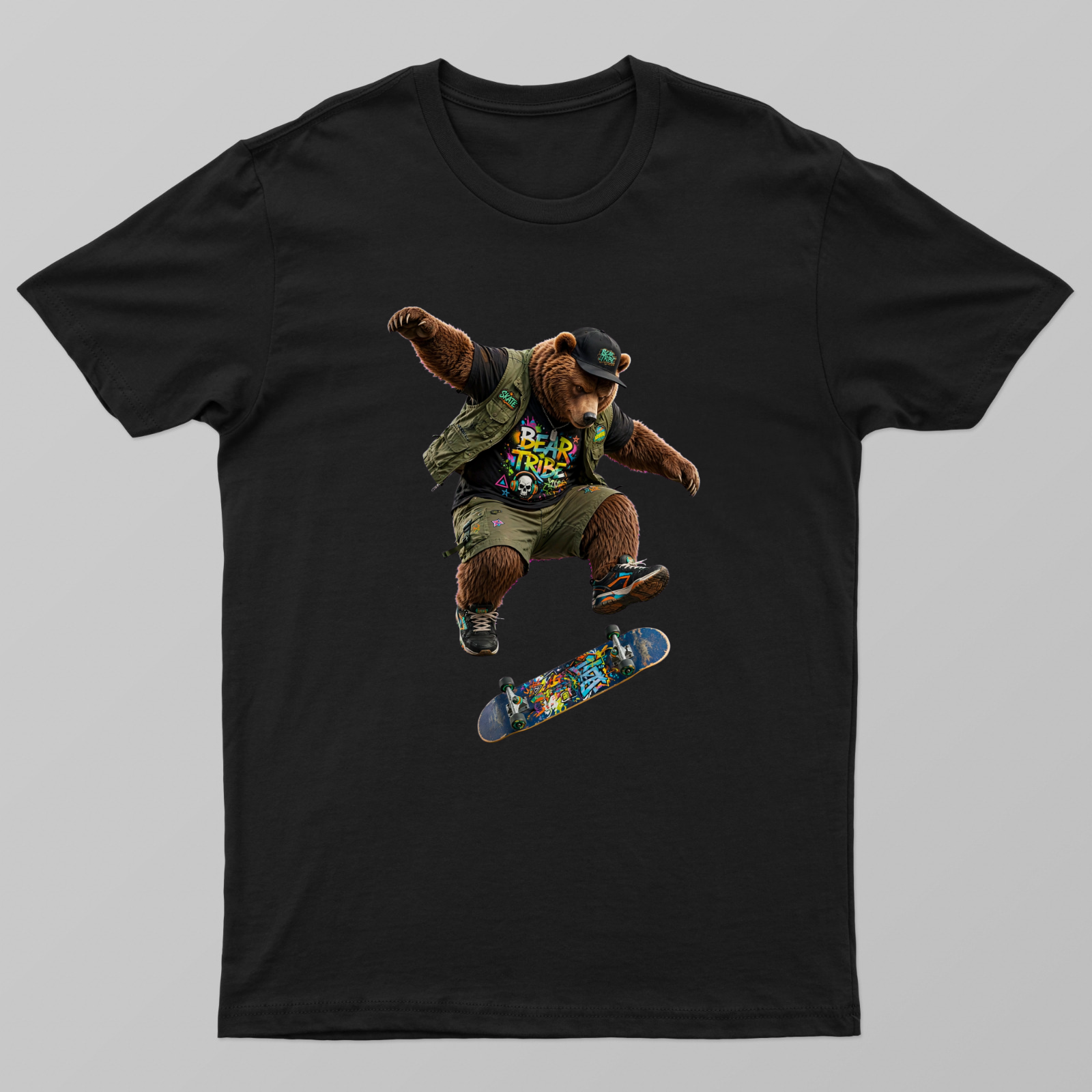 Skate Bear Tribe — bear doing kickflip, "BEAR TRIBE" graffiti skateboard Unisex T-shirt by VIMAL R