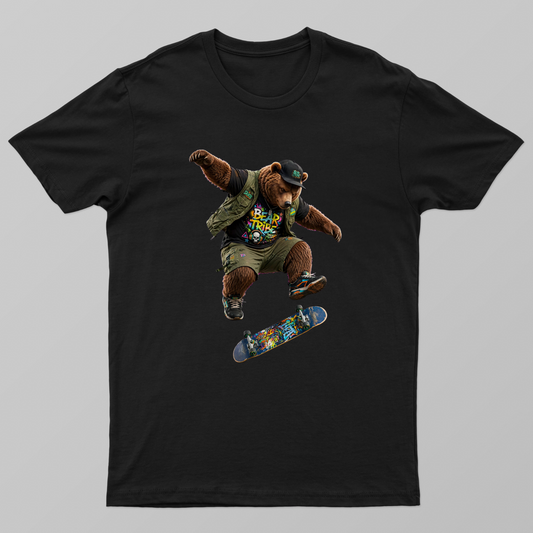 Skate Bear Tribe — bear doing kickflip, "BEAR TRIBE" graffiti skateboard Unisex T-shirt by VIMAL R