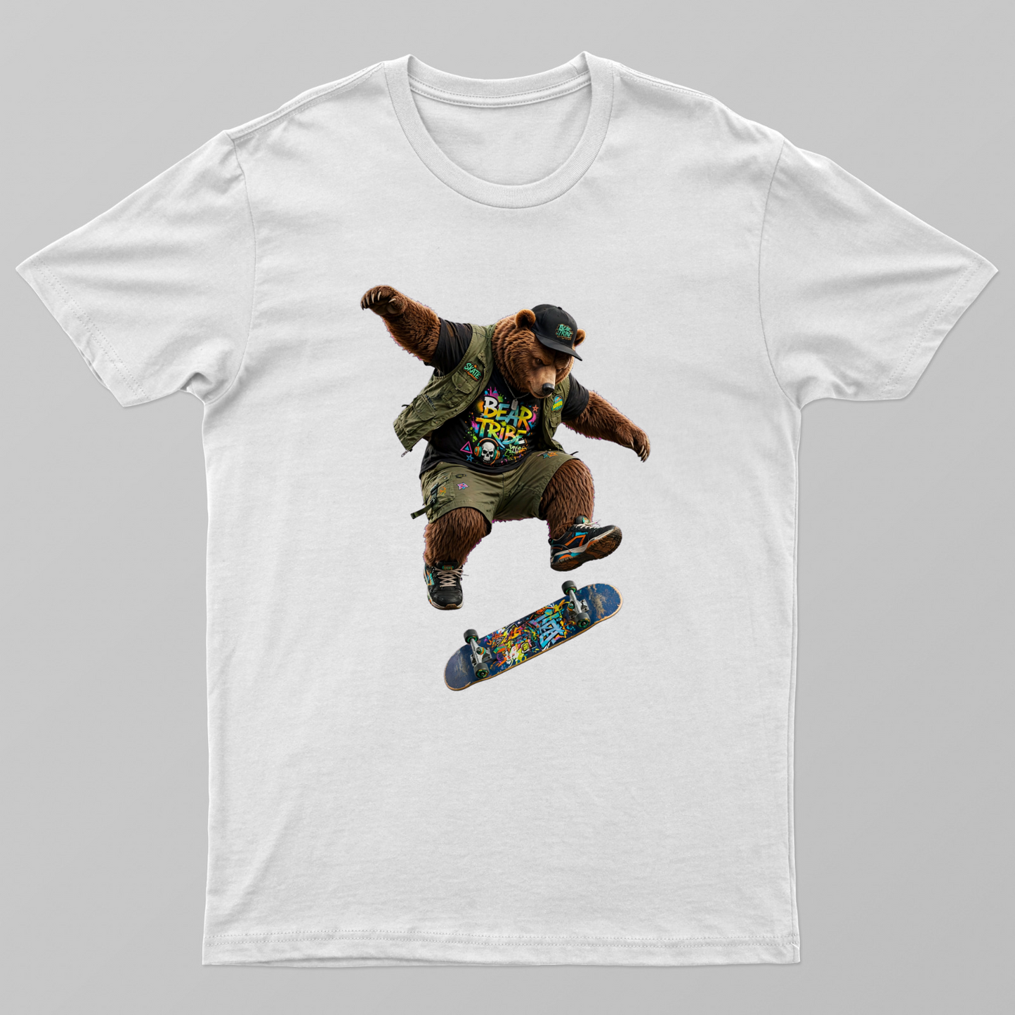 Skate Bear Tribe — bear doing kickflip, "BEAR TRIBE" graffiti skateboard Unisex T-shirt by VIMAL R
