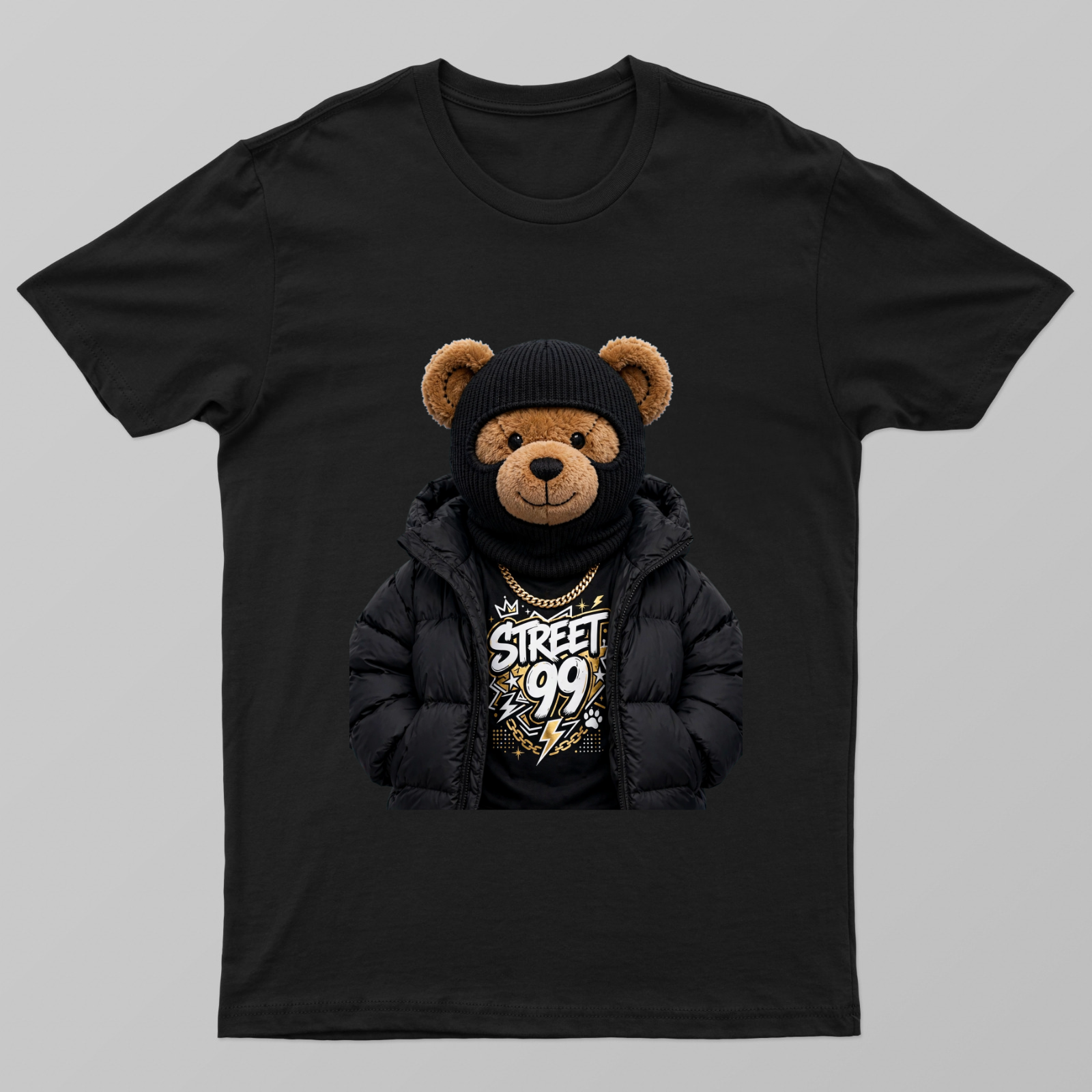 Puffer + Ski Mask Bear — winter street drip Unisex T-shirt by VIMAL R