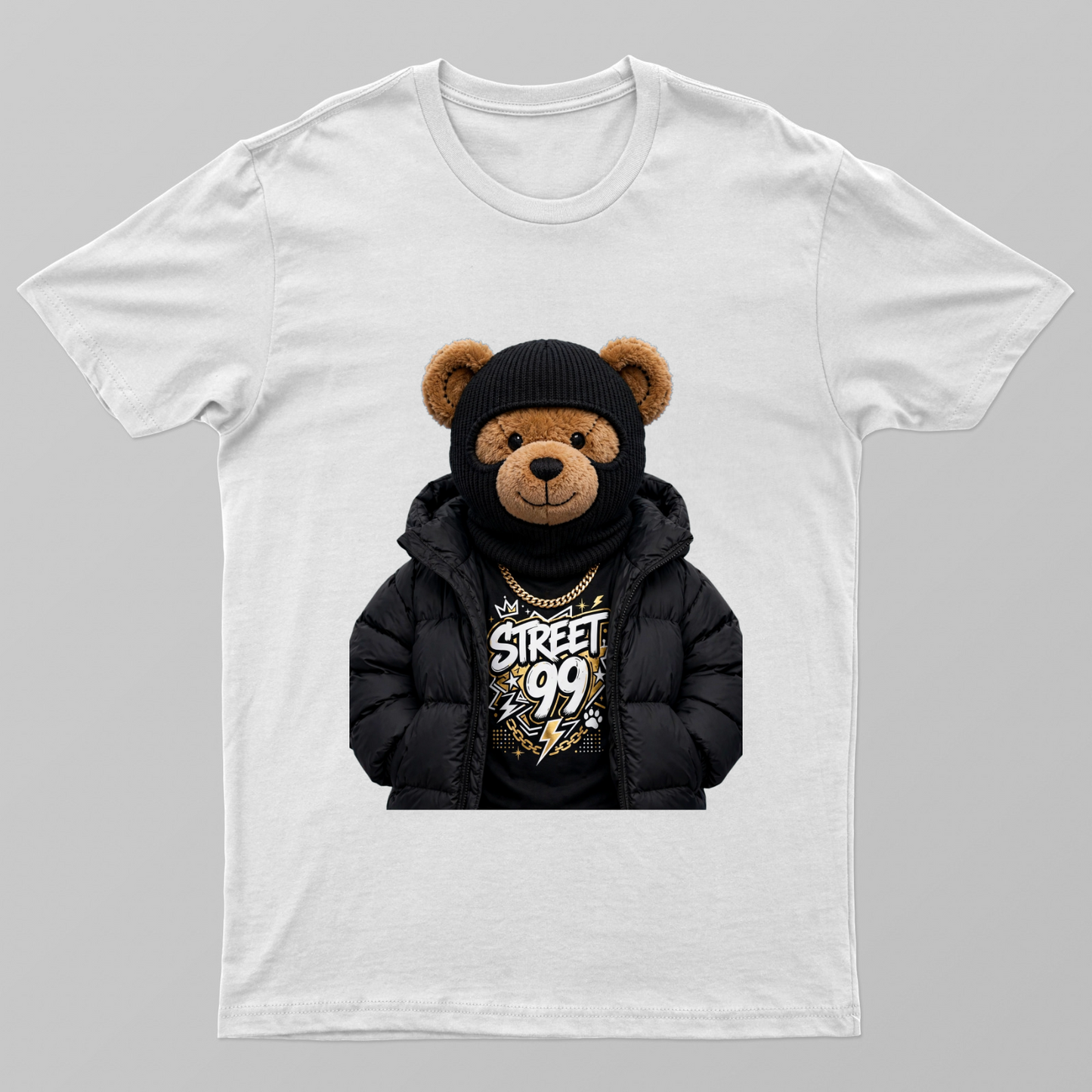 Puffer + Ski Mask Bear — winter street drip Unisex T-shirt by VIMAL R