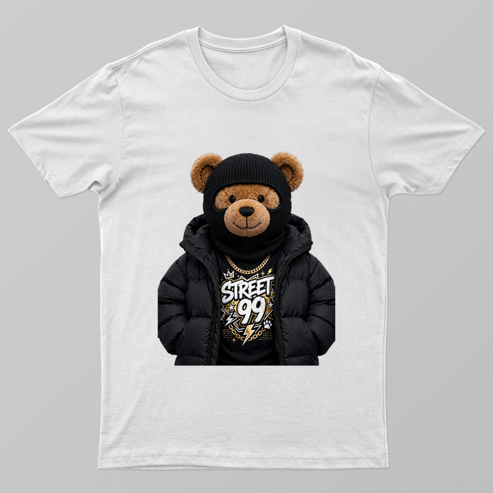 Puffer + Ski Mask Bear — winter street drip Unisex T-shirt by VIMAL R
