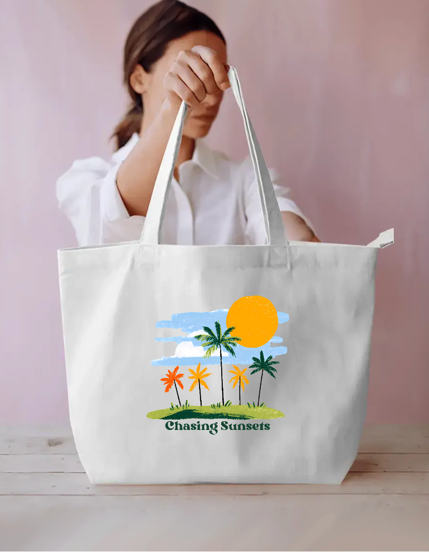 Chasing Sunsets Vintage Tropical Palm Trees Retro Beach Tote Bag Everyday Large Tote Bag by SeJaa_Studio