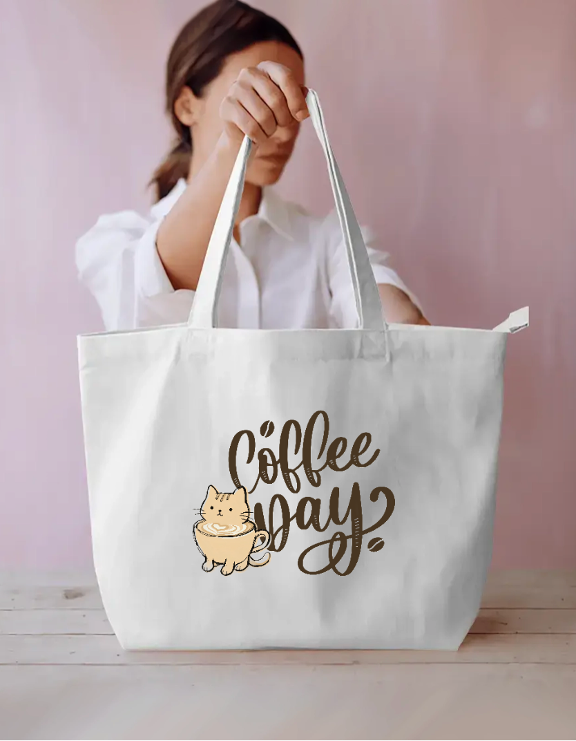 Coffee Day Cute Cat in Latte Cup Funny Coffee Lover Tote Bag Everyday Large Tote Bag by SeJaa_Studio