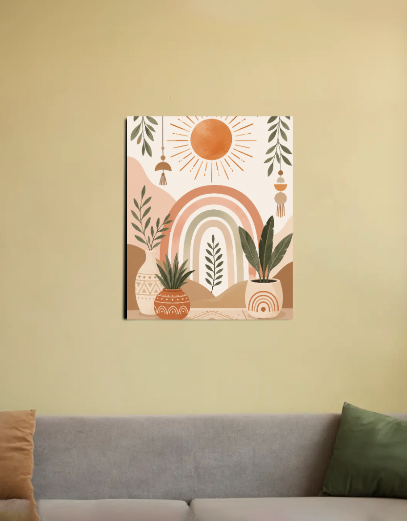 Neutral Boho Sun and Plants Canvas Wall Art 16"x20" Canvas Poster by SeJaa_Studio