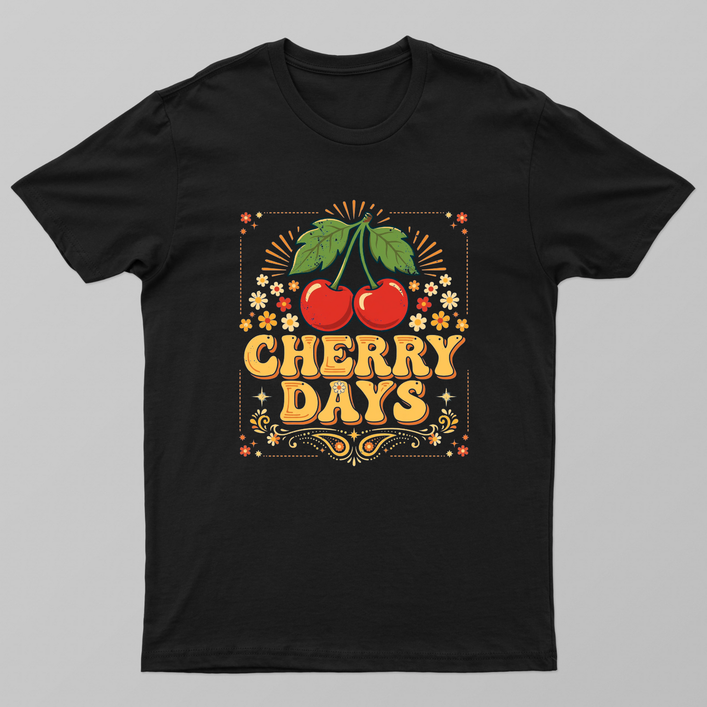 CHERRY DAYS — Vintage 1970s-inspired cherry graphic, Unisex T-shirt by VIMAL R