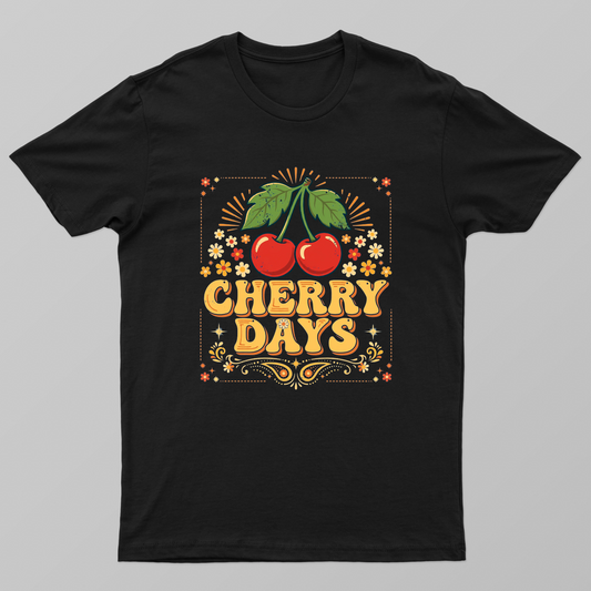 CHERRY DAYS — Vintage 1970s-inspired cherry graphic, Unisex T-shirt by VIMAL R