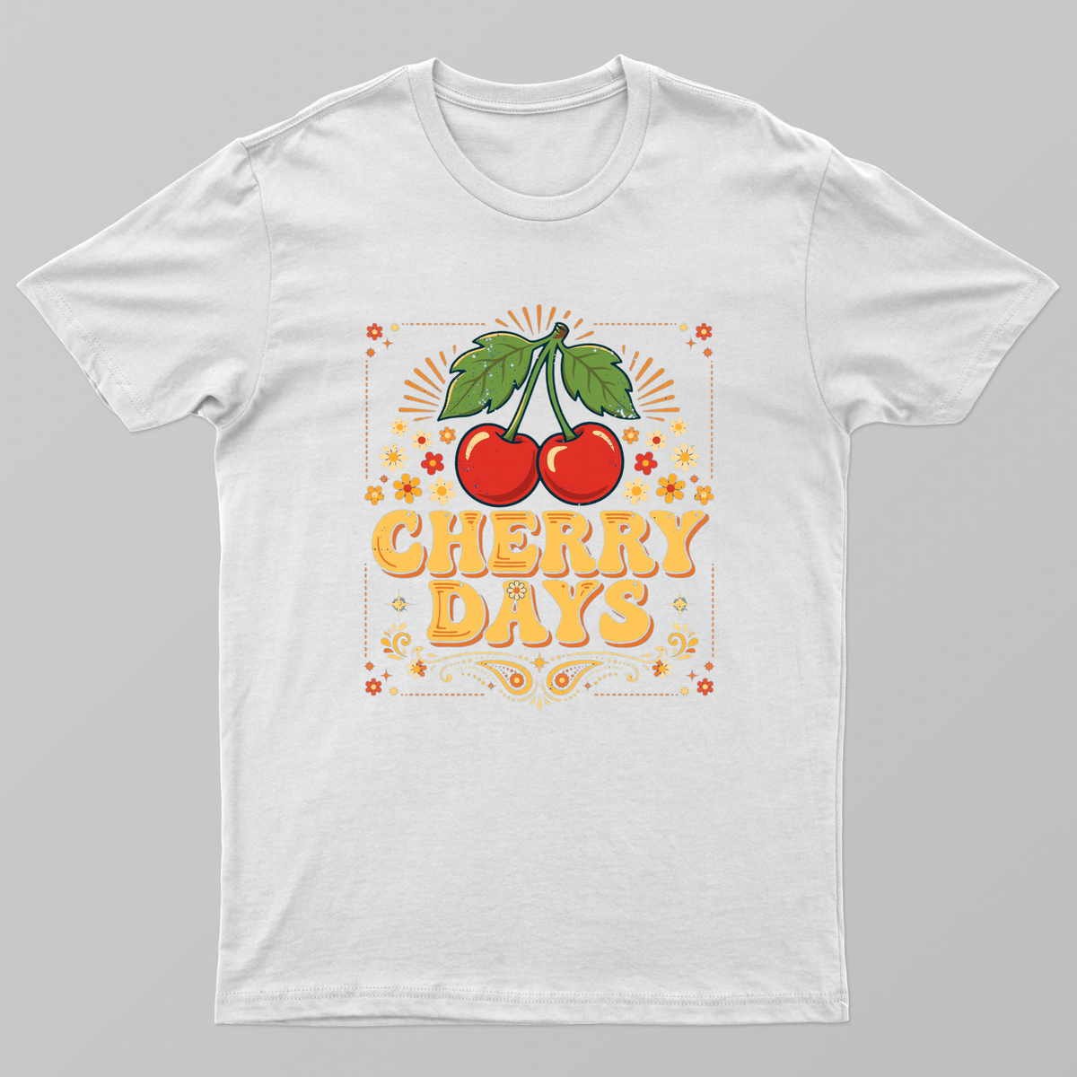CHERRY DAYS — Vintage 1970s-inspired cherry graphic, Unisex T-shirt by VIMAL R