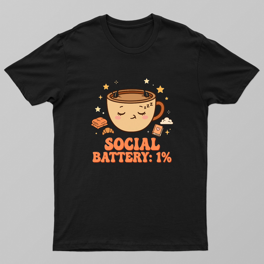 SOCIAL BATTERY: 1% — sleepy kawaii coffee cup with tiny headphones, stars, croissant, cozy book & blanket elements, funn Unisex T-shirt by VIMAL R