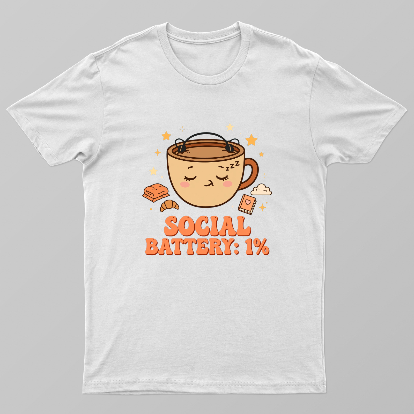 SOCIAL BATTERY: 1% — sleepy kawaii coffee cup with tiny headphones, stars, croissant, cozy book & blanket elements, funn Unisex T-shirt by VIMAL R