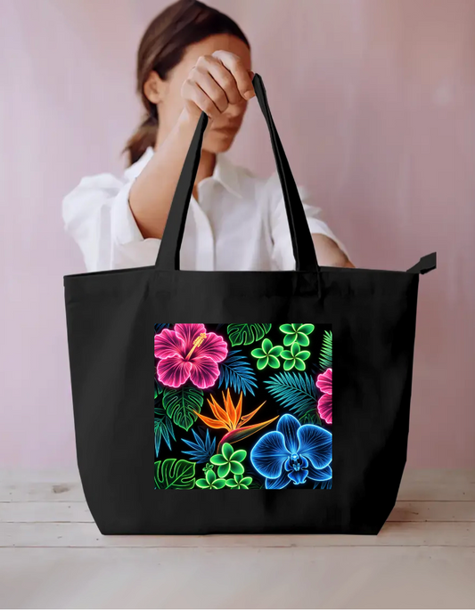 Neon Floral Design Tote Bag Everyday Large Tote Bag by @rd_digital_store