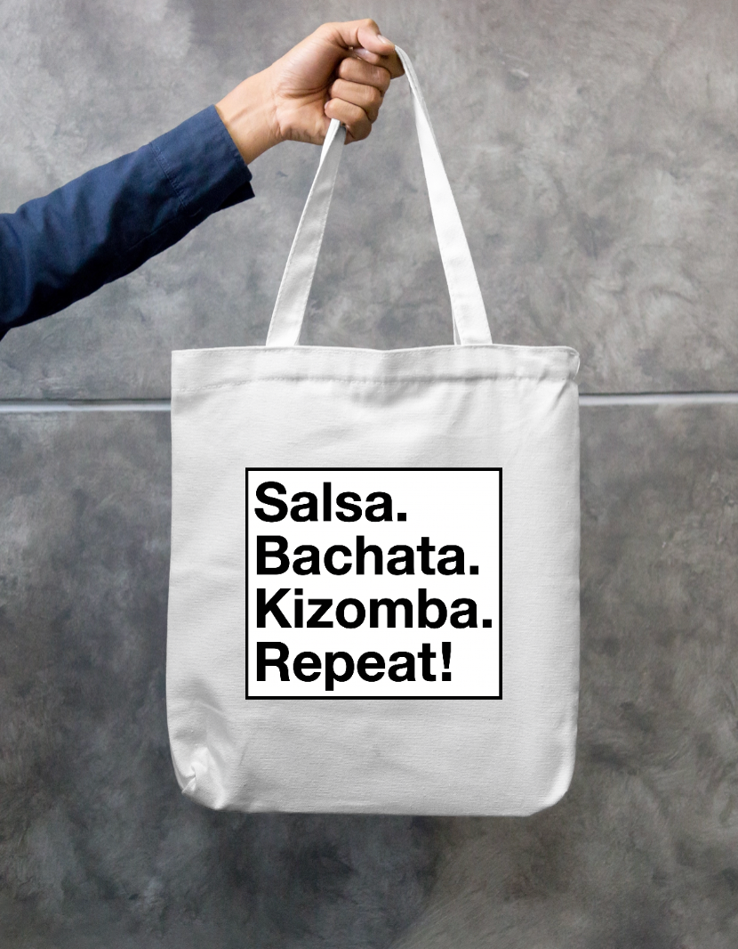 Salsa. Bachata. Kizomba. Repeat! Zipper Tote Bag by @adimazter