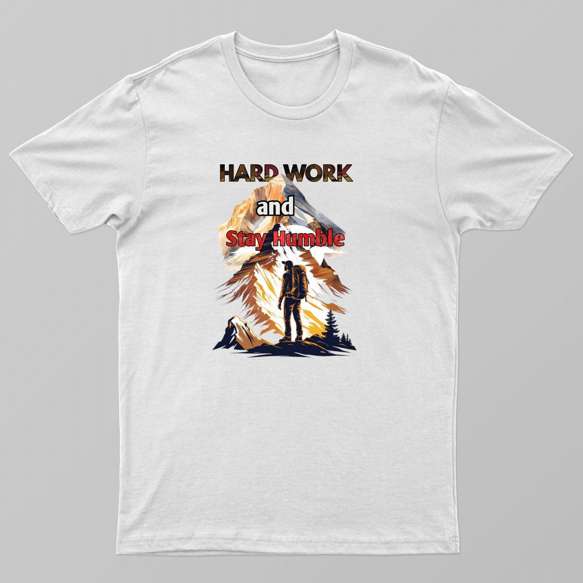 An illustration depicts a lone hiker with a backpack standing before a majestic mountain range. The text "HARD WORK and Unisex T-shirt by Kumar Thakur 