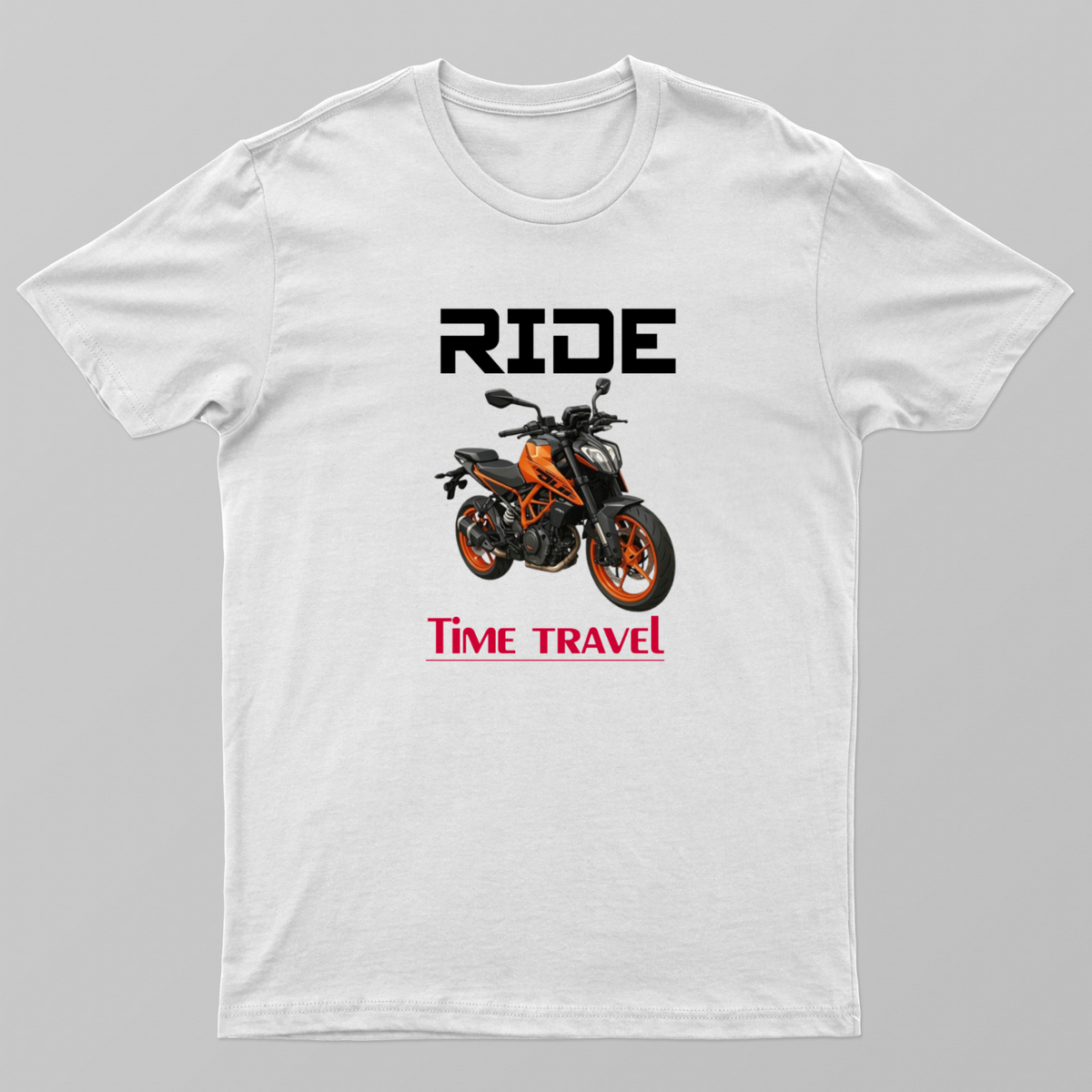An orange and black motorcycle is shown with the words RIDE and TIME TRAVEL above and below it. Unisex T-shirt by Kumar Thakur 
