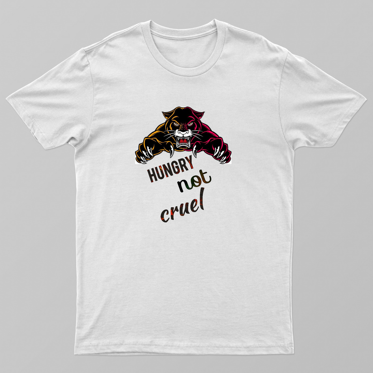 An angry black panther with yellow and pink accents is depicted above the words "HUNGRY not cruel." The words "HUNGRY" a Unisex T-shirt by Kumar Thakur 