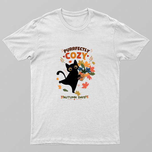 Purrfectly Cozy Black Cat Autumn Leaves Fall Design Unisex T-shirt by GV Creations