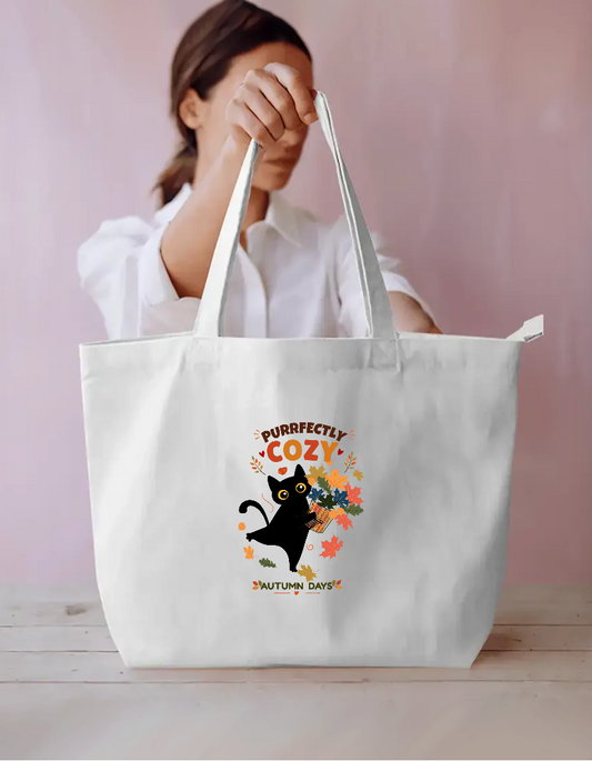 Purrfectly Cozy Black Cat Autumn Leaves Fall Design Everyday Large Tote Bag by GV Creations