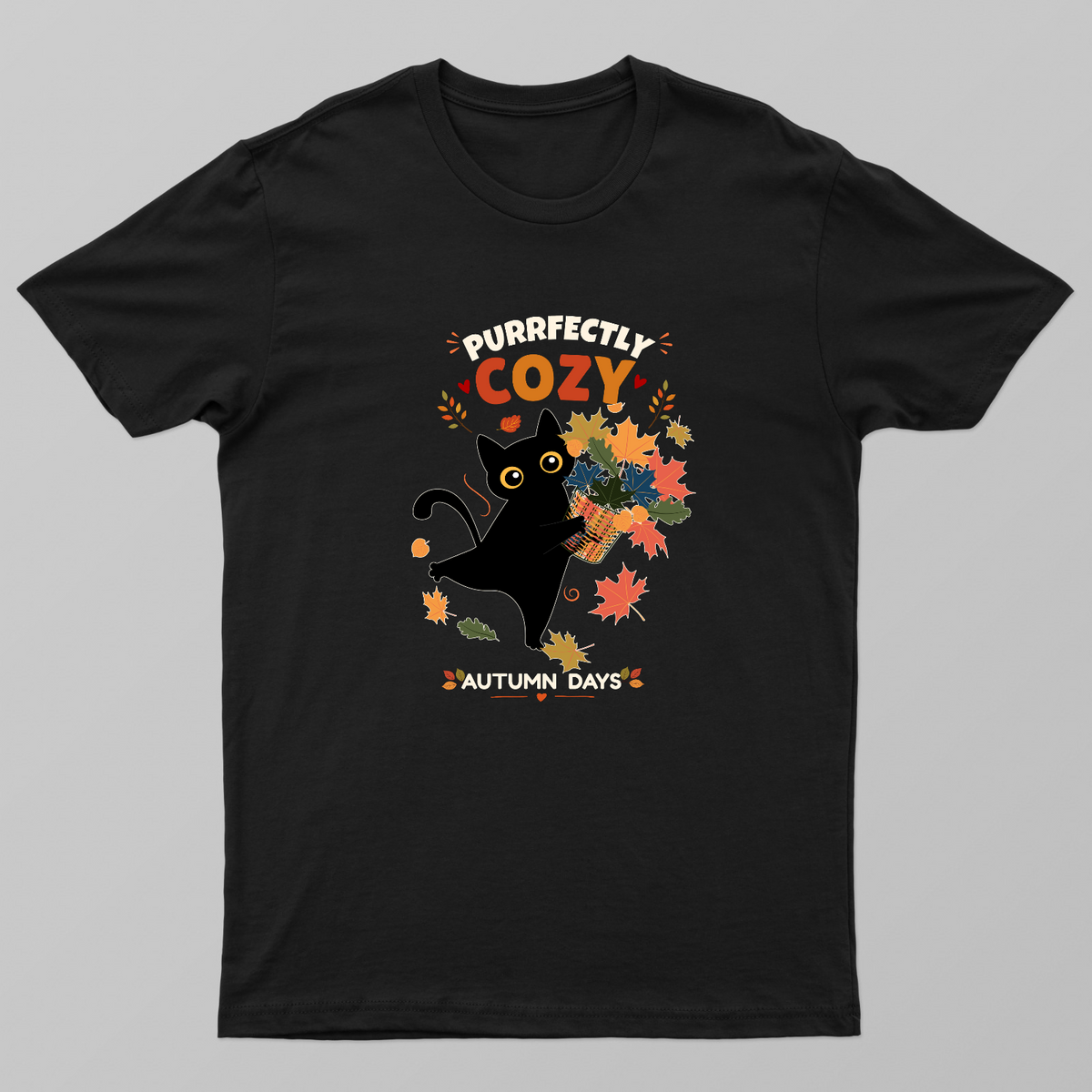 Purrfectly Cozy Black Cat Autumn Leaves Fall Design Unisex T-shirt by GV Creations