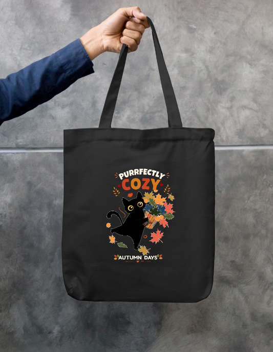Purrfectly Cozy Black Cat Autumn Leaves Fall Design Zipper Tote Bag by GV Creations