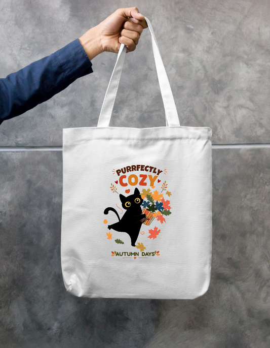 Purrfectly Cozy Black Cat Autumn Leaves Fall Design Zipper Tote Bag by GV Creations