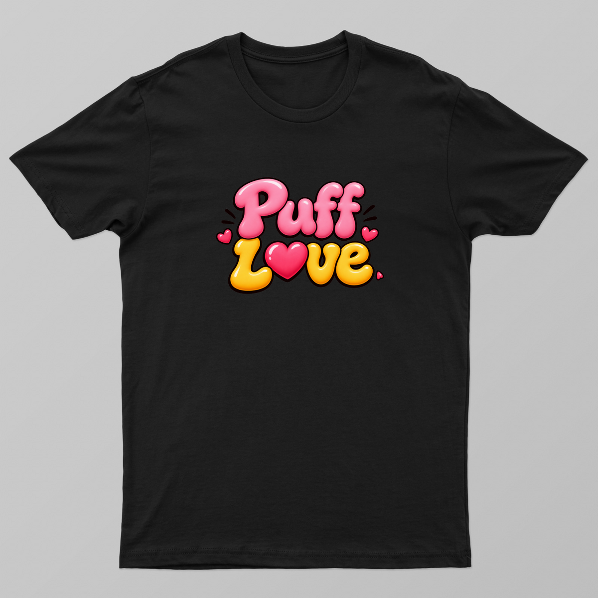 The image displays the words "Puff Love" in a playful, bubbly font. The "Puff" is in pink with highlights, and the "Love Unisex T-shirt by Kumar Thakur 