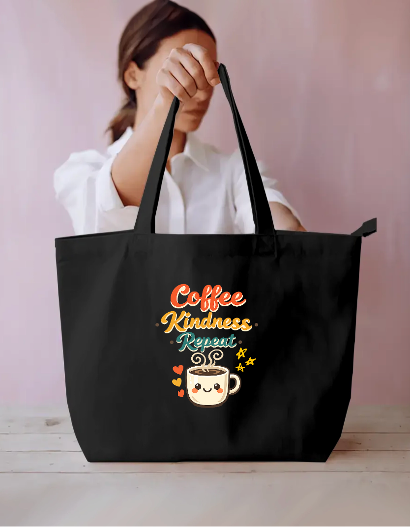 Coffee Kindness Repeat Cute Retro Coffee Lover Canvas Tote Bag Everyday Large Tote Bag by SeJaa_Studio
