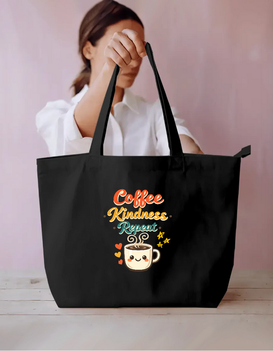 Coffee Kindness Repeat Cute Retro Coffee Lover Canvas Tote Bag Everyday Large Tote Bag by SeJaa_Studio