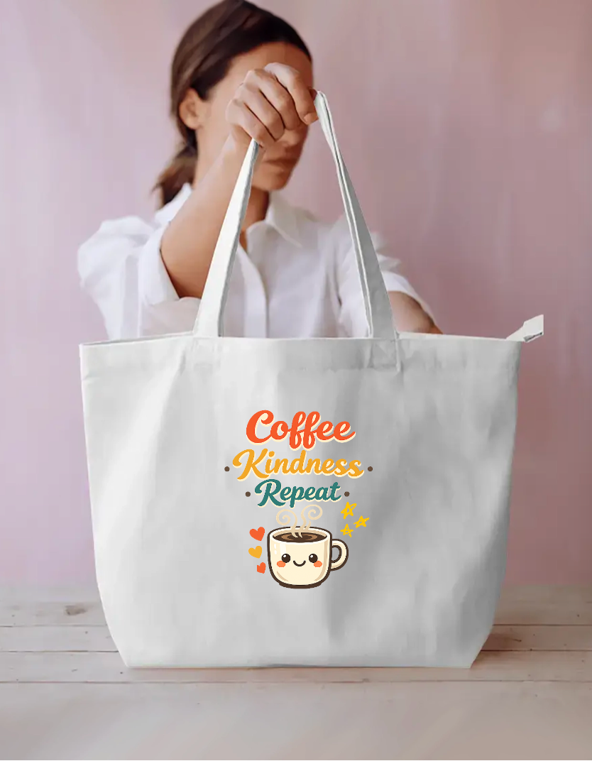 Coffee Kindness Repeat Cute Retro Coffee Lover Canvas Tote Bag Everyday Large Tote Bag by SeJaa_Studio
