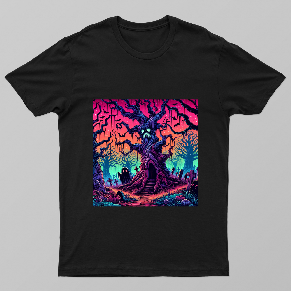 Haunted Spooky Tree & Graveyard Neon Halloween Graphic T-Shirt Unisex T-shirt by Ruhi Ansari