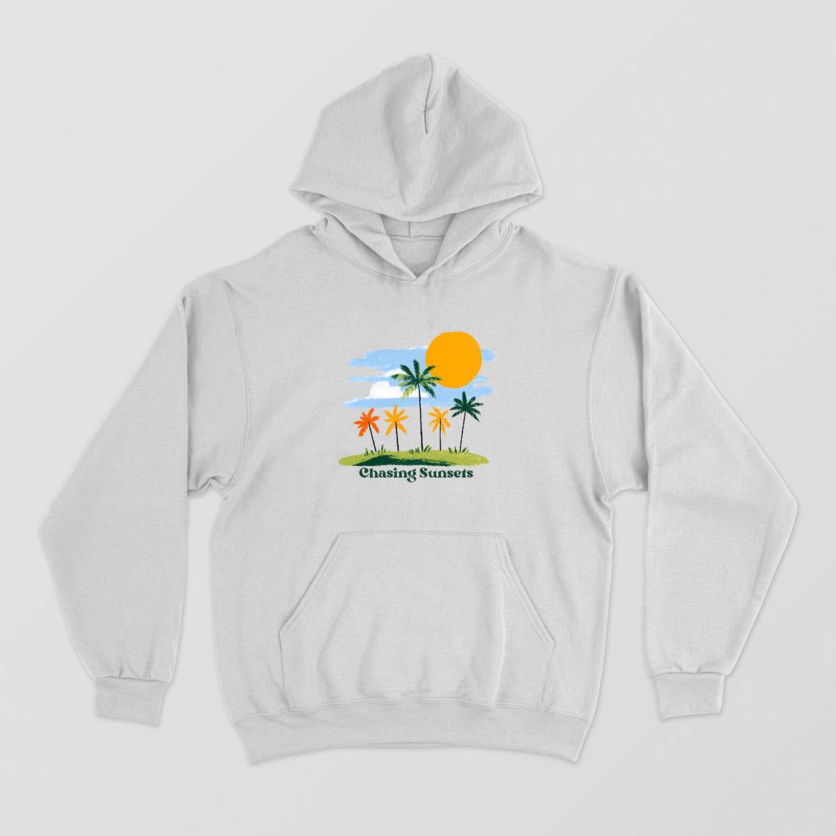 Chasing Sunsets Vintage Palm Tree Tropical Beach Sunset Hoodie Unisex Hoodie by SeJaa_Studio