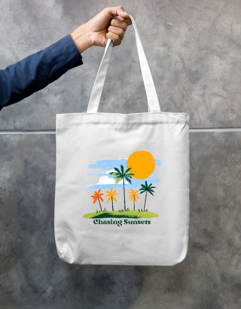 Chasing Sunsets Vintage Palm Tree Tropical Beach Sunset Tote Bag Zipper Tote Bag by SeJaa_Studio