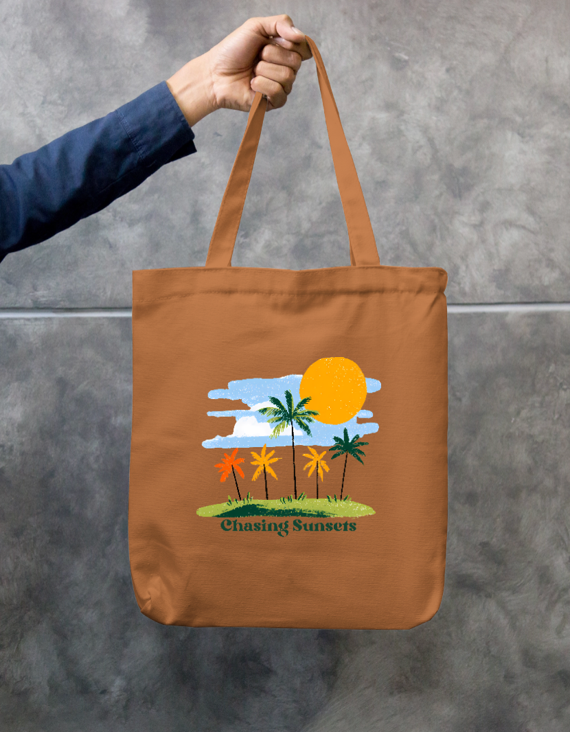 Chasing Sunsets Vintage Palm Tree Tropical Beach Sunset Tote Bag Zipper Tote Bag by SeJaa_Studio