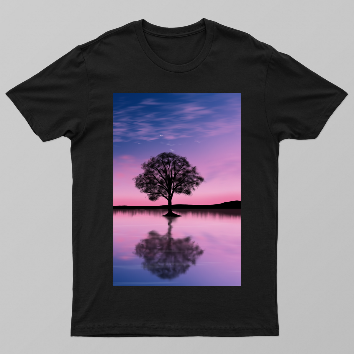 Silhouette Tree at Sunset Graphic Tee – Dreamy Purple Landscape Shirt Unisex T-shirt by JM arts
