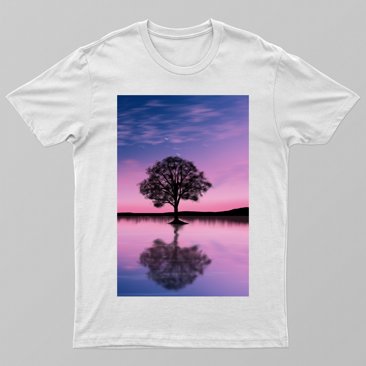 Silhouette Tree at Sunset Graphic Tee – Dreamy Purple Landscape Shirt Unisex T-shirt by JM arts
