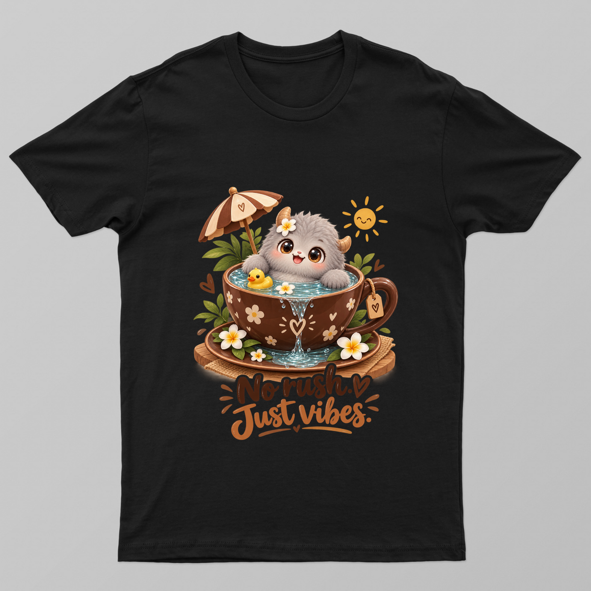 No Rush Just Vibes – Cute Gray Monster in Chocolate Teacup Unisex T-shirt by Julius Jasmine 