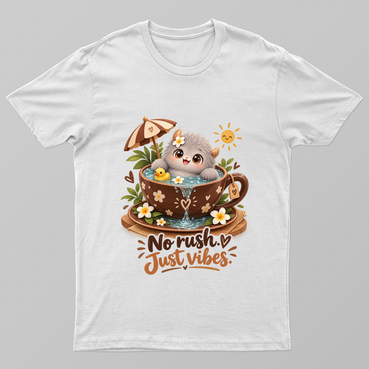 No Rush Just Vibes – Cute Gray Monster in Chocolate Teacup Unisex T-shirt by Julius Jasmine 