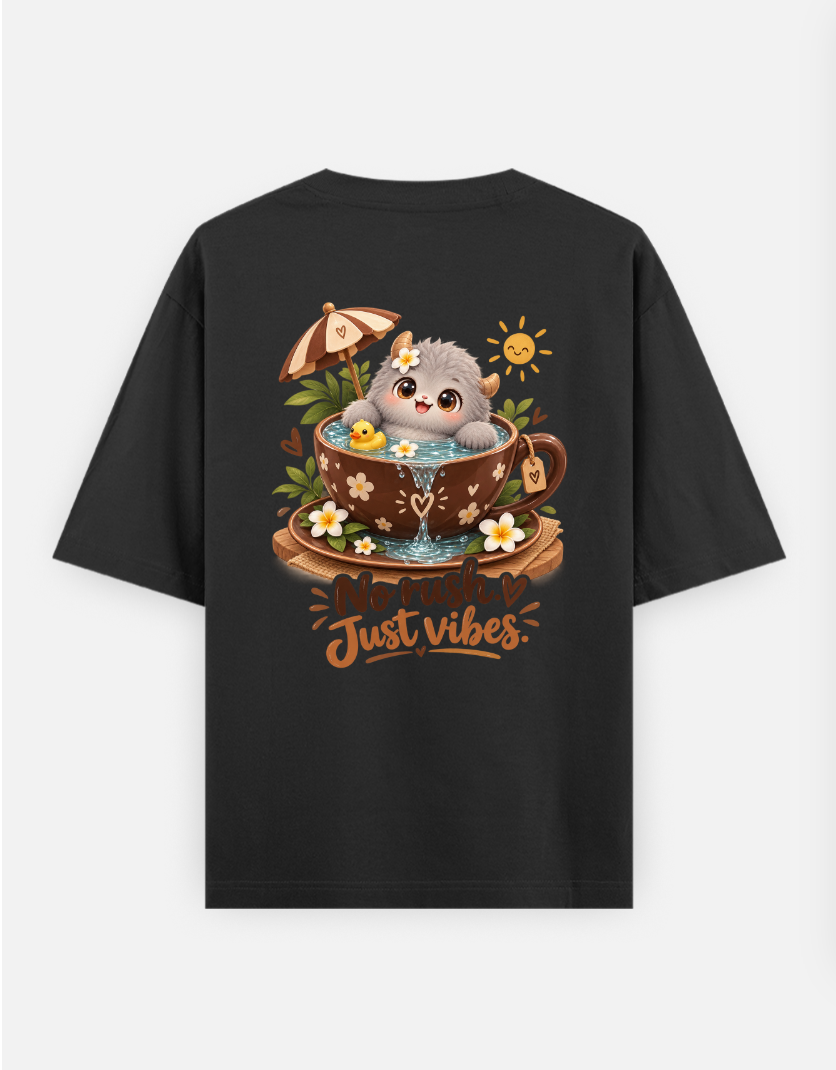 No Rush Just Vibes – Cute Gray Monster in Chocolate Teacup Oversized T-shirt (Back print) by @insightinspring