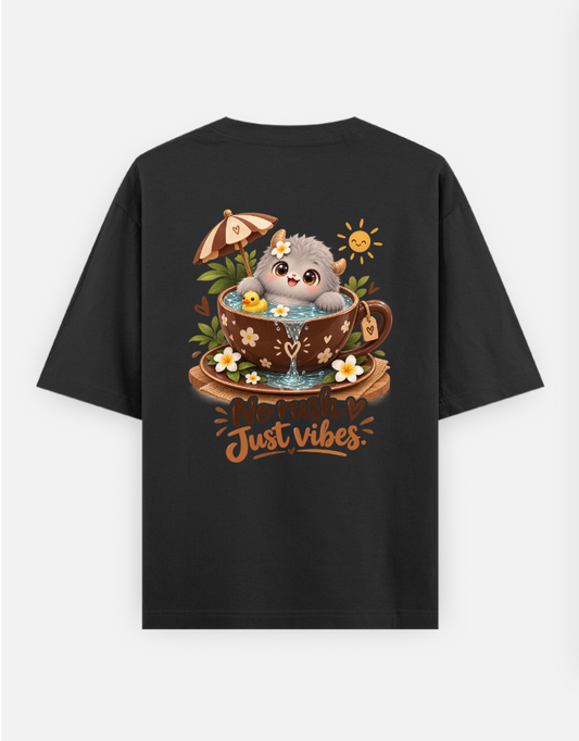 No Rush Just Vibes – Cute Gray Monster in Chocolate Teacup Oversized T-shirt (Back print) by @insightinspring