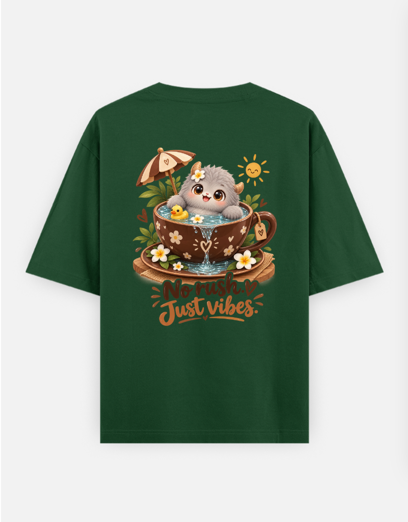 No Rush Just Vibes – Cute Gray Monster in Chocolate Teacup Oversized T-shirt (Back print) by @insightinspring