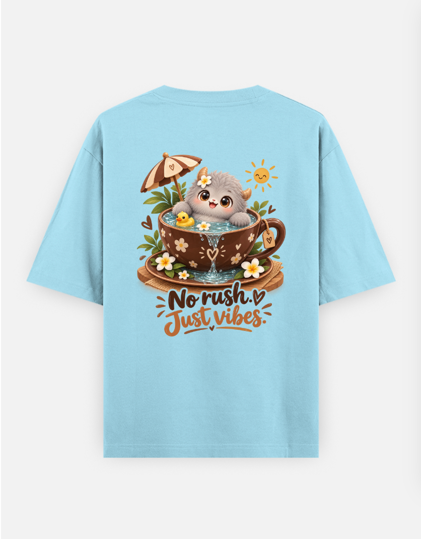 No Rush Just Vibes – Cute Gray Monster in Chocolate Teacup Oversized T-shirt (Back print) by @insightinspring