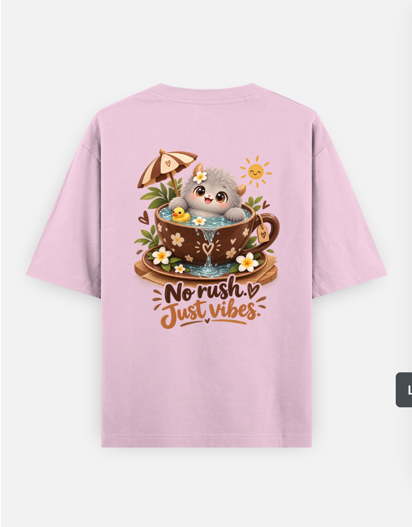 No Rush Just Vibes – Cute Gray Monster in Chocolate Teacup Oversized T-shirt (Back print) by @insightinspring