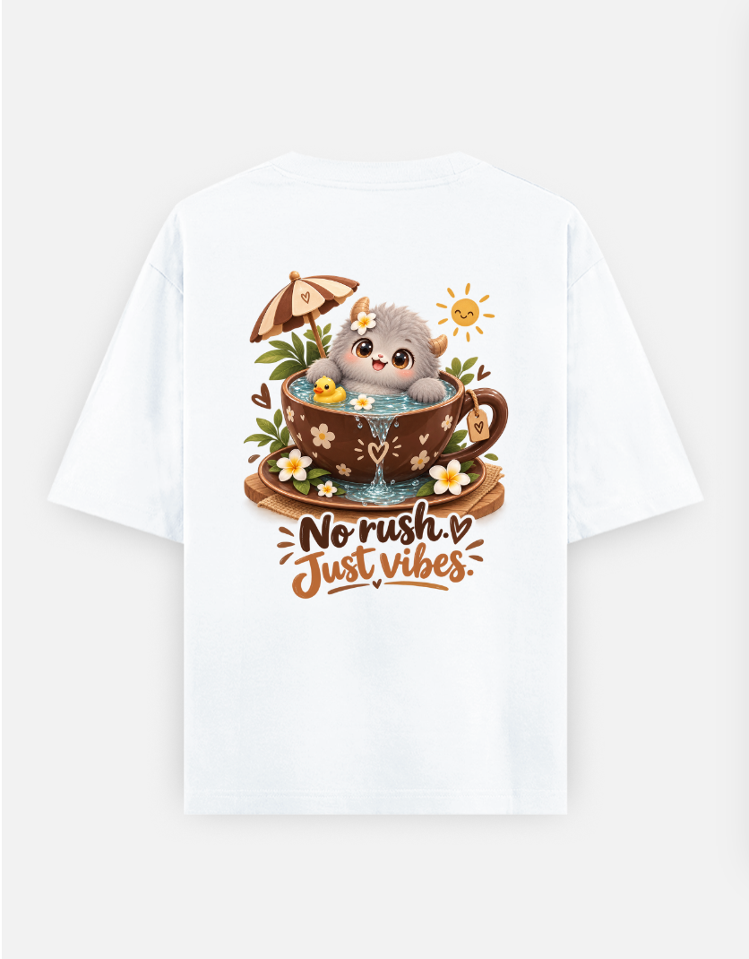 No Rush Just Vibes – Cute Gray Monster in Chocolate Teacup Oversized T-shirt (Back print) by @insightinspring