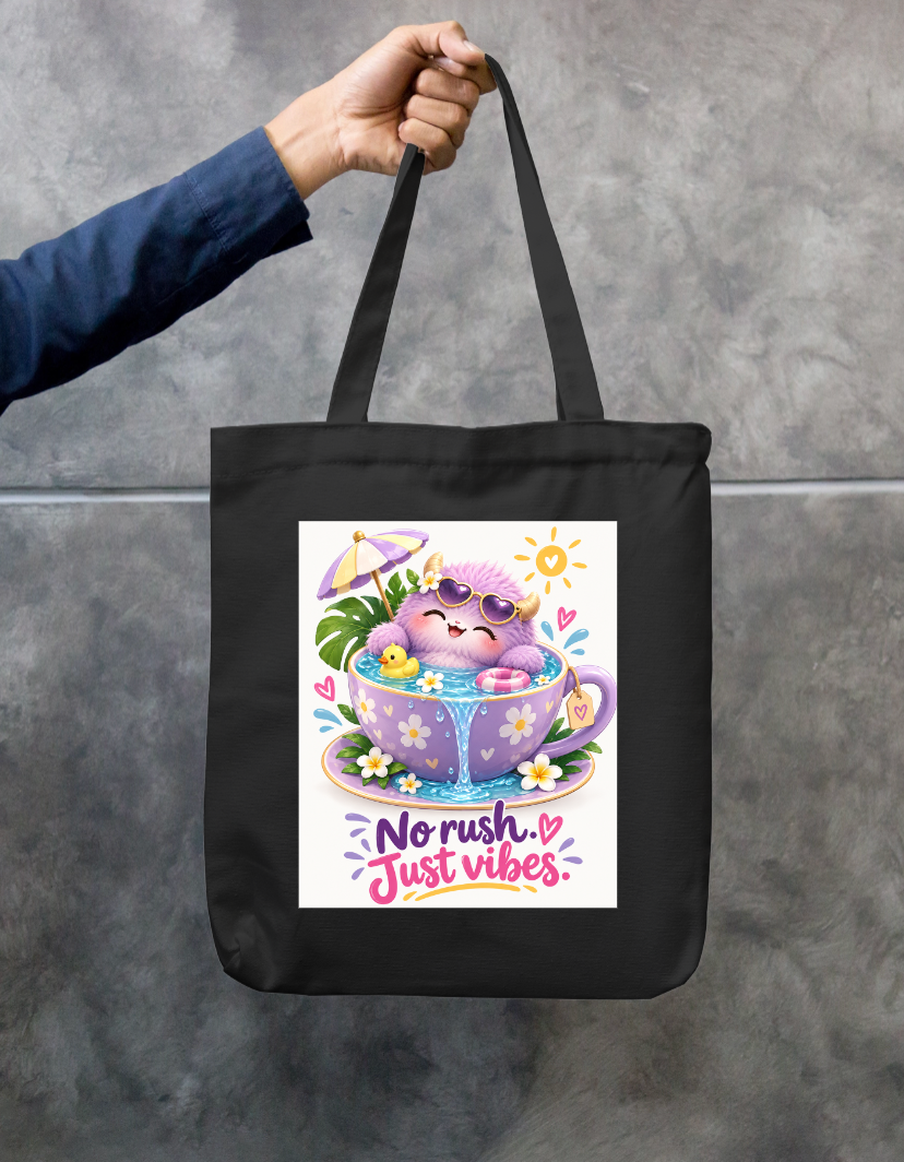 No Rush Just Vibes Cute Monster Teacup Zipper Tote Bag by @insightinspring